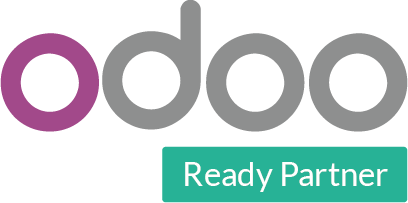 Logotipo de "Odoo" en gris y morado, con la palabra "Ready Partner" en blanco sobre un rectángulo verde. Diseño sencillo y moderno.