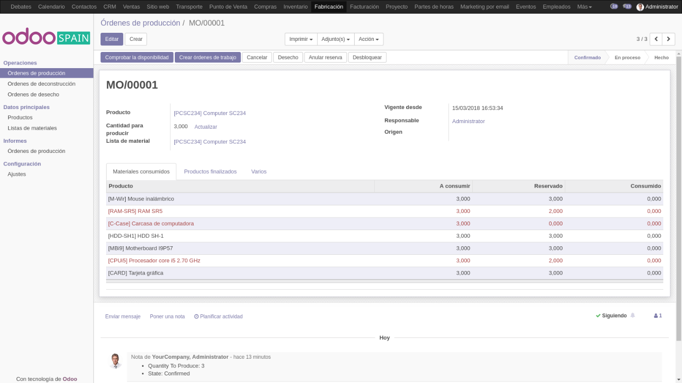 Captura de pantalla que muestra la página de seguimiento de pedidos de &#34;Odoo&#34;. La página muestra los detalles del pedido, la información de envío y el comentario de un cliente en un cuadro de texto.