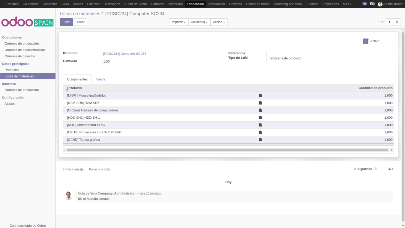 Captura de pantalla de una computadora que muestra la interfaz web de &#34;Odoo&#34;, con un pedido de fabricación, información del producto y una lista de funciones del software. La interfaz es clara y moderna.