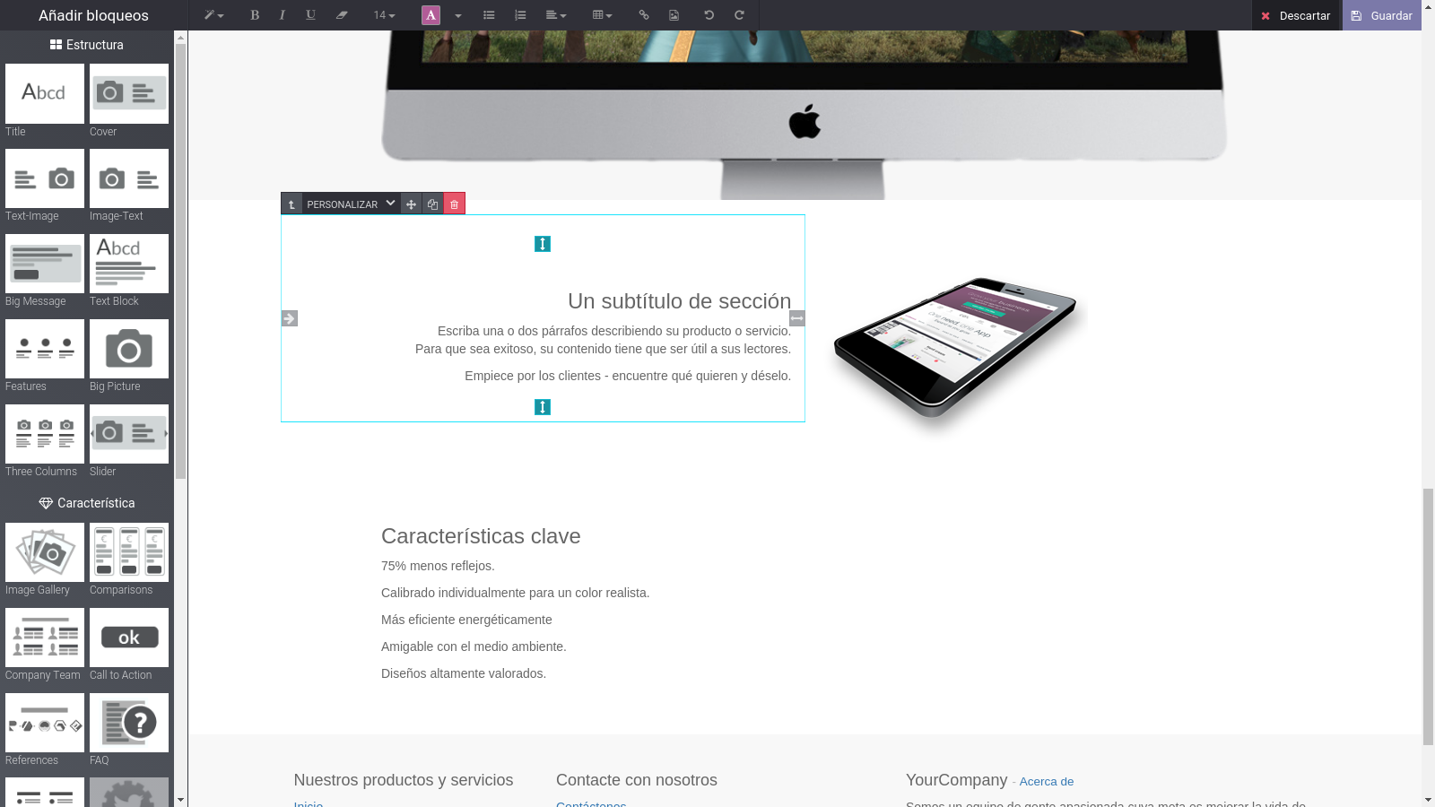 Una captura de pantalla que muestra la interfaz de personalización de portal web de Odoo.