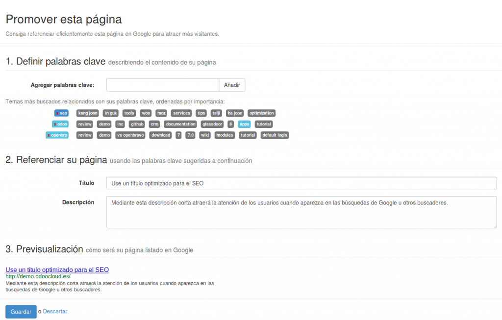 Una captura de pantalla mostrando la interfaz de optimicización de SEO de Odoo.