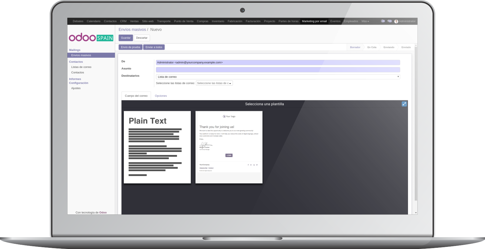 Una imagen de un ordenador mostrando la interfaz de personalización de newsletter de Odoo.