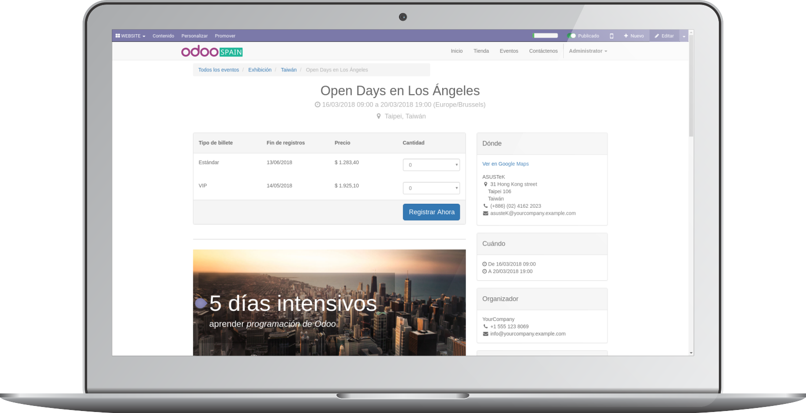 Imagen de un ordenador mostrando la interfaz web de eventos de Odoo.