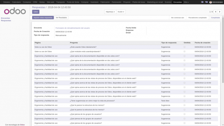 Captura de pantalla de la lista de respuestas de encuestas en Odoo.