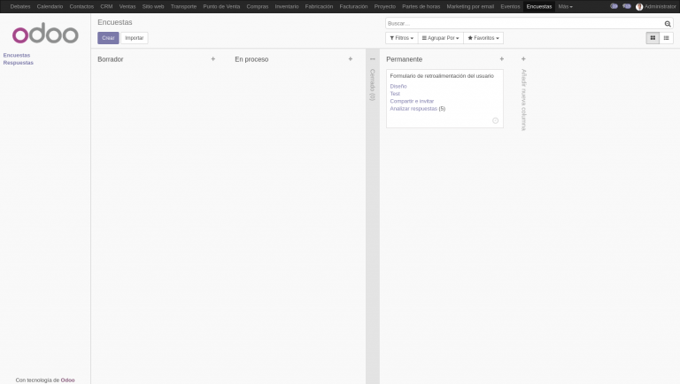 Captura de pantalla de la vista de Kanban de encuestas en Odoo.