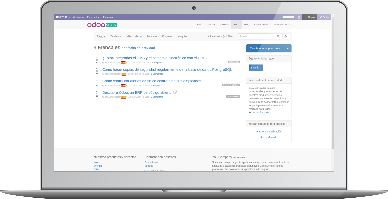 Una imagen de un ordenador mostrando la interfaz web de foro en Odoo.