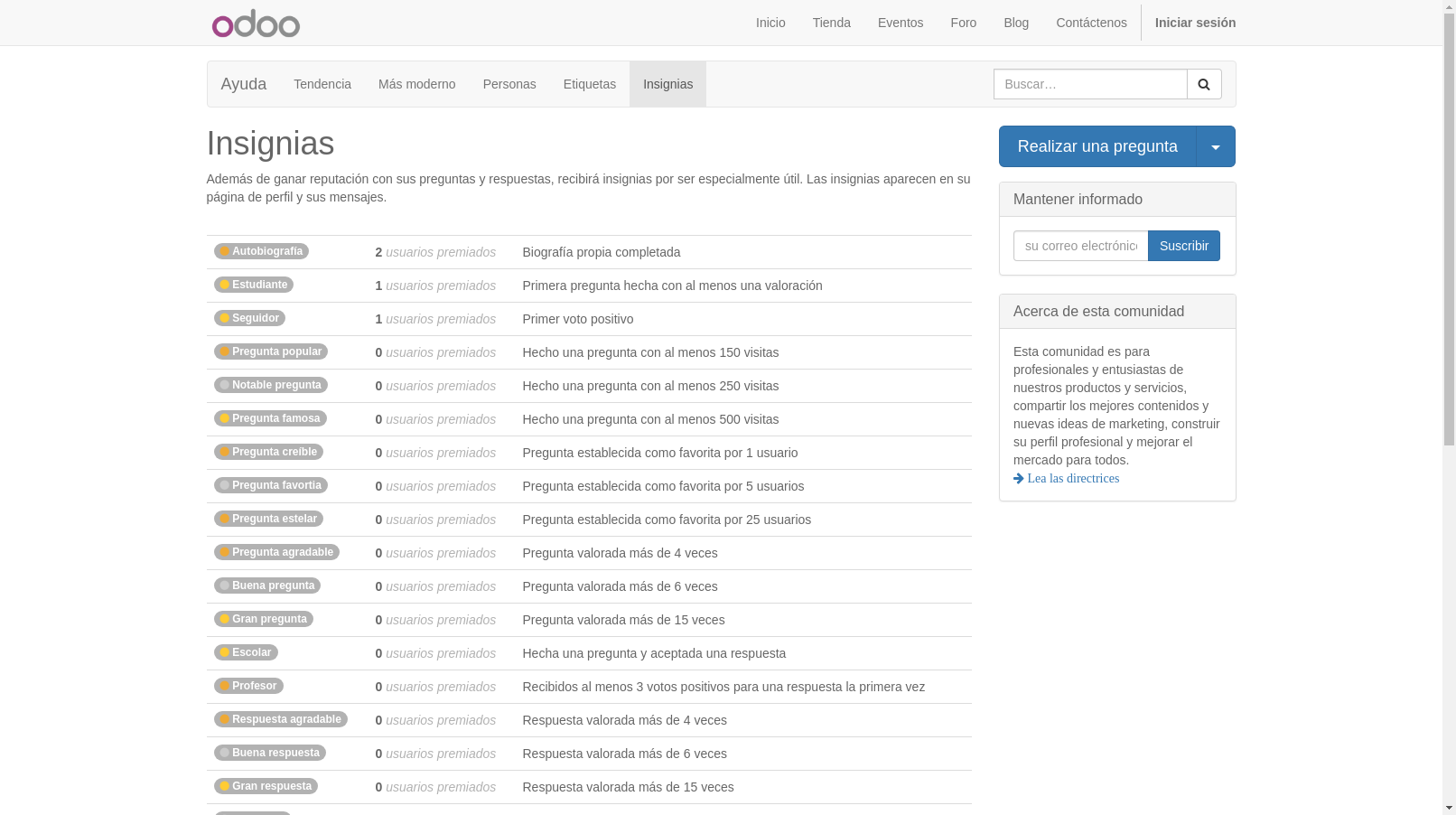 Una captura de pantalla de la sección de insignias del foro en Odoo.