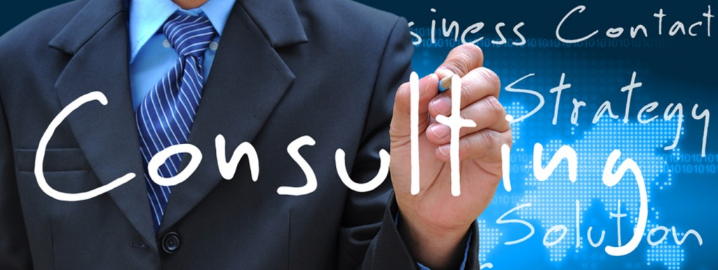 Una fotografía de un hombre con un traje oscuro y corbata azul, con las palabras "Consultoría" y "Estrategia" escritas en blanco sobre un fondo azul.